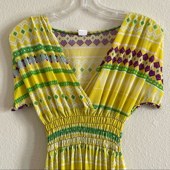 Romantic SINI sheer yellow midi dress with purple & green tribal pattern - Picture 2 of 11